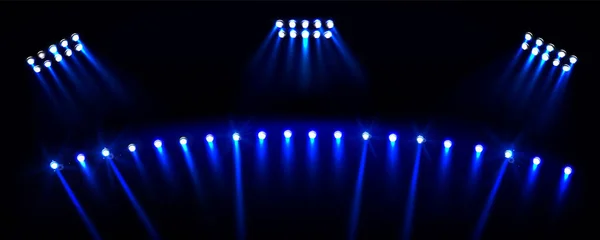 밤에는 축구나 스포츠 경기장 콘서트 장등을 경기장에 설치되어 배경에 파란색 — 스톡 벡터
