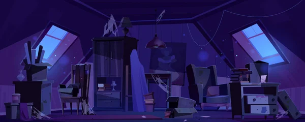 Starý Opuštěný Podkrovní Dům Interiér Noci Karikatura Halloween Pozadí Rozbitý — Stockový vektor