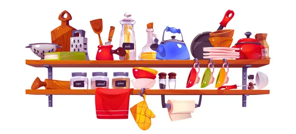 Ράφι Κουζίνας Σκεύος Και Πιάτο Διανυσματικό Σετ Κουζινικά Αντικείμενο Εργαλείο — Διανυσματικό Αρχείο