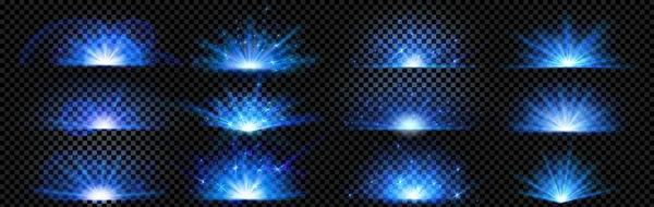 Azul Explotar Brillo Brillo Rayos Luz Estallar Efecto Vectorial Conjunto — Vector de stock