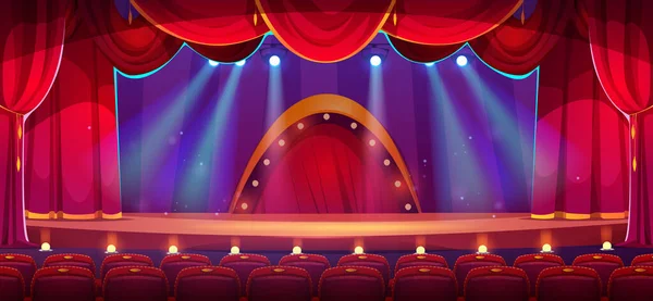 赤いカーテン スポットライト 空の席の行を持つ漫画劇場の舞台 コンサートホールのインテリアのベクトルイラスト 洪水ライトで照らされたベルベットのドレープを持つ木製のシーン 夜のショー — ストックベクタ