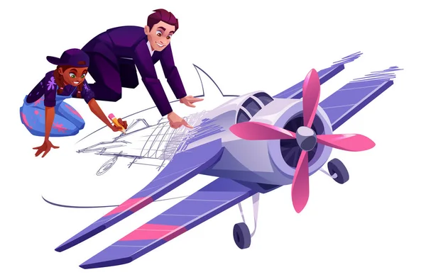 Художница Бизнесмен Вместе Рисуют Ретро Самолет Наслаждаясь Командной Работой Развития — стоковый вектор