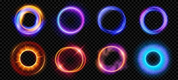 Optikai Glóriafáklyák Neon Fényvektor Effektussal Átlátszó Háttérrel Kör Lencse Gyűrű — Stock Vector