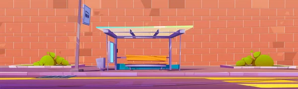 レンガの壁の背景に対する近代的なバス停留所 ガラス避難所 木製のベンチ ゴミ箱 空白の広告ライトボックスと公共交通機関の駅のベクトル漫画のイラスト きれいな街の通り — ストックベクタ