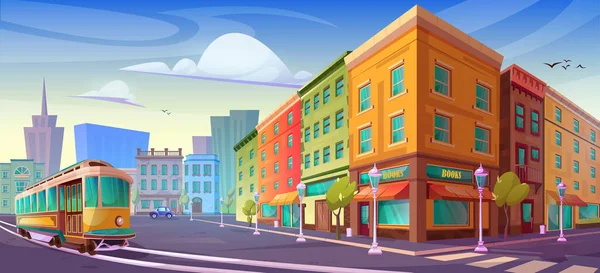 City Street Cartoon Vector Shop Building Com Vista Para Arranha — Vetor de Stock