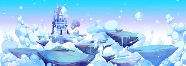 冰雪魔法公主城堡 冬季卡通片背景 美丽的白色幻想冰宫为多云的童话景观 在无人陪伴的天空中 神奇的漂浮在岩石岛上的小径 — 图库矢量图片