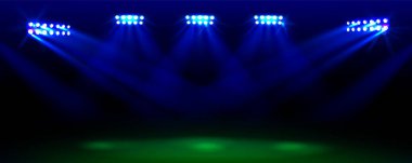 Hafif vektör spor arenası olan futbol stadyumu sahası. Yeşil futbol çimleri üzerindeki spot ışığı boş çizim şablonu. 3D gerçekçi yarışma ya da şampiyonluk arkaplanı