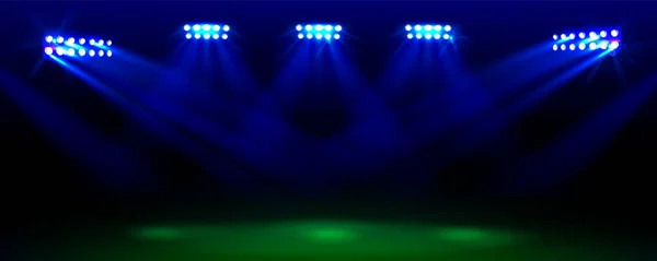 軽ベクトルスポーツアリーナの夜の背景とサッカースタジアムフィールド サッカー緑の芝生の空のイラストテンプレート上のスポットライト 3D現実的な競争やチャンピオンシップ遊び場の背景 — ストックベクタ