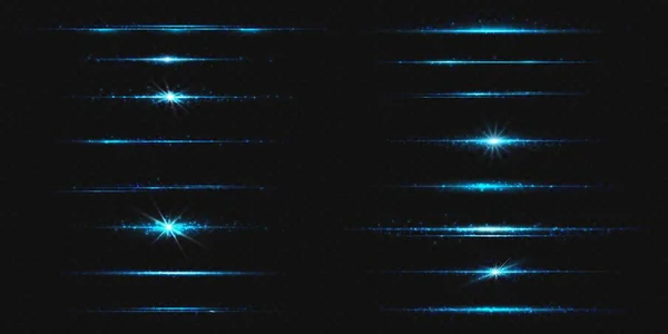 輝きとフレアの輝きとブルーラインライトグロー 透明な背景に隔離された水平のターコイズネオンストリーク効果 キラキラシマーデザインイラストと魔法のフラッシュレーザーストリップ分周器 — ストックベクタ