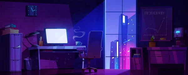 窓から見える街並みが見える夜のホームオフィス デスクトップコンピュータと暗い部屋のベクトル漫画のイラスト 棚の上のフォルダ内の文書 壁に時計やモチベーションポスター フリーランスの仕事 — ストックベクタ