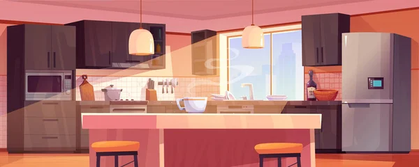 现代厨房室内设计与家具和餐具 桌上的早晨咖啡杯 墙上的褐色抽屉 微波炉 透过窗户闪耀的阳光等病媒漫画 — 图库矢量图片