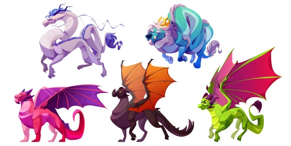 Magische Fantasy Drachen Set Für Märchen Spiel Cartoon Illustration Vereinzelte — Stockvektor