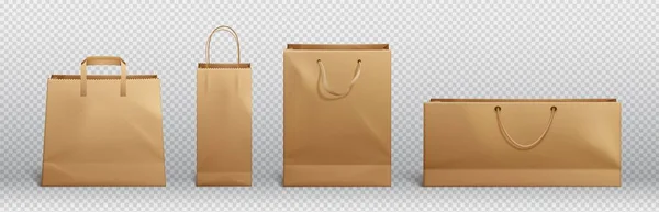 手工褐色纸袋和处理病媒模型 购物袋模拟了携带食品前景图标商品化设计集 3D可重复使用的零售品牌商品示例 — 图库矢量图片