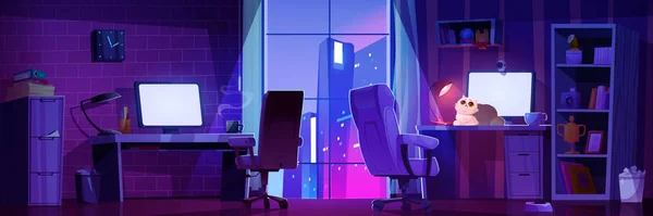 Heim Oder Büroraum Mit Computern Schreibtisch Der Nacht Leere Arbeitszimmereinrichtung — Stockvektor