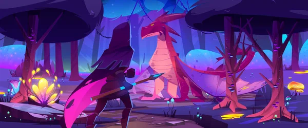 Fairy Tale Scene Dragon Medieval Knight Fight Fantasy Landscape Magic — Stock Vector