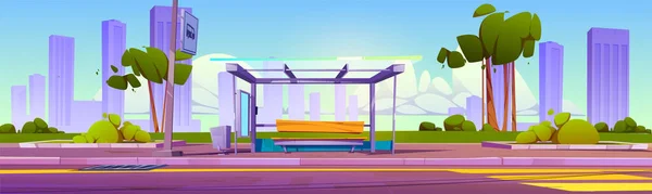 標識近くの都市道路の背景にバス停 ベンチやガラスと街の公共交通機関の建設 公園の交差点近くの交通の高速道路や街並みは漫画の夏のコンセプトを表示 — ストックベクタ