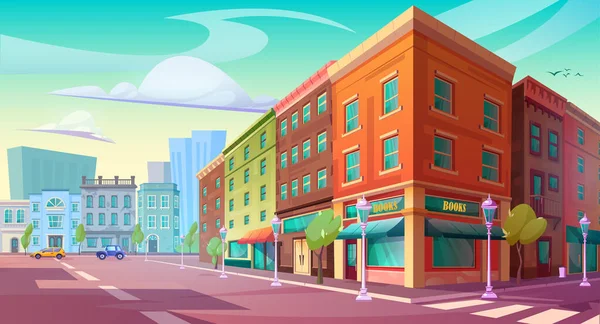 建物や家の漫画のイラストとベクトル街 道路やアイソメトリックアパートメントのホーム外観の風景上の車 ヴィンテージダウンタウンの店のデザインゲームの日のシーンビューを持つ町の誰も — ストックベクタ
