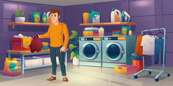 Der Mann Der Waschküche Mit Maschine Und Eisernem Cartoon Interieur — Stockvektor