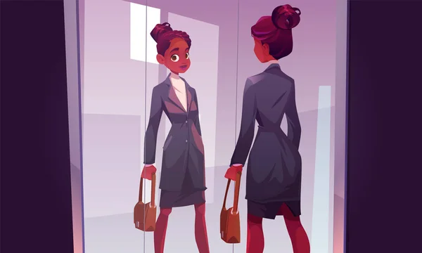 黒いアフリカの女性のキャラクターはミラーベクトルで見てください オフィスに立つビジネススーツの女の子の美しさリーダーシップ アフロアメリカのスマートビジネス女性マネージャーまたは自信のある教師でスカート保持バッグ — ストックベクタ