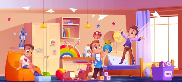 男の子のキャラクター漫画のベクトルの背景とキッズベッドルームのインテリア おもちゃの屋内イラストで子供の家のプレイルーム 壁のデザインの本棚やステッカー付きのアパートの幼稚園の友人 — ストックベクタ