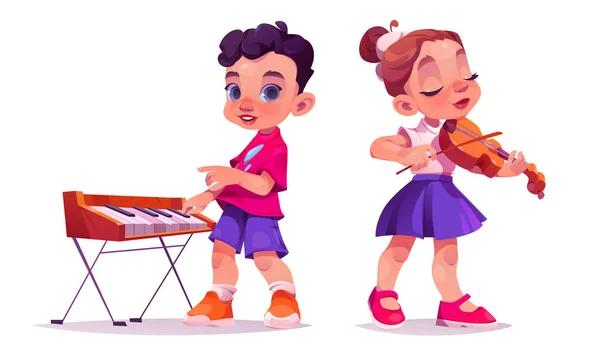 Kid Orchestra Toca Música Instrumento Escolar Piano Violino Vetor Cartoon —  Vetores de Stock