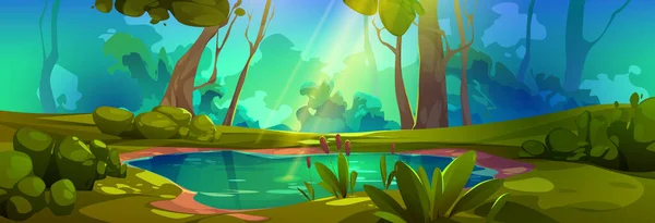Болото Лісі Векторні Ігри Пейзажний Фон Зелене Фентезі Озеро Тростиною — стоковий вектор