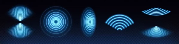 Wifi波光効果 アブストラクトスキャンレーダーセンサー音信号技術デジタルサイン ワイヤレス監視と保護のための透明なネオンサークルシンボル 青の電気周波数リンググロー — ストックベクタ