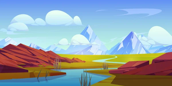 高山山谷风景与河流相映成趣 矢量卡通画的水流从岩石山脉 绿草和石山两岸 蓝天与云彩 旅行探险背景 — 图库矢量图片