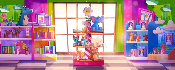 キッズおもちゃ店内装漫画ベクトルイラスト 幸せな子供たちは小さな贈り物を購入するためのおもちゃ屋 市場通路の木製ラックにテディと人形のディスプレイ 床と大きな窓のある屋内モール — ストックベクタ