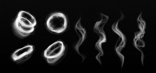 呼哈烟雾圈和龙卷风矢量效应 三维逼真抽象的白烟云雾涡旋集 黑色背景下孤立的雾流运动框架和波纹图解 — 图库矢量图片