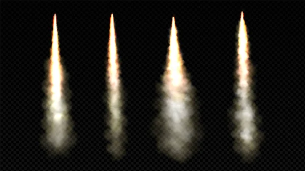 火箭用火焰矢量发射烟道 孤立现实的喷气式飞机起飞爆炸速度效应 白色宇宙飞船喷雾器 空气中带有蒸汽道 飞机起动引擎爆裂起飞 — 图库矢量图片