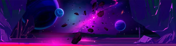 宇宙ゲームの背景のためのエイリアン惑星の風景 夜には岩や溶岩で銀河や惑星の地面とファンタジー壁紙 火星表面と星雲の宇宙シーン ベクトル漫画イラスト — ストックベクタ