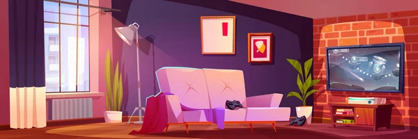 Modernes Interieur Mit Videospiel Fernsehen Vektor Cartoon Illustration Einer Aufgeräumten — Stockvektor