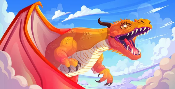 Dragón Fantasía Mágica Volando Cielo Dibujos Animados Vector Paisaje Del — Vector de stock