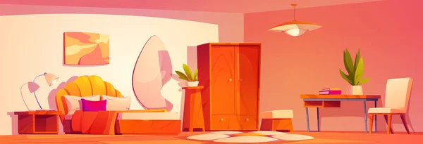 Groovy Chica Habitación Interior Con Muebles Fondo Dibujos Animados Vector — Vector de stock