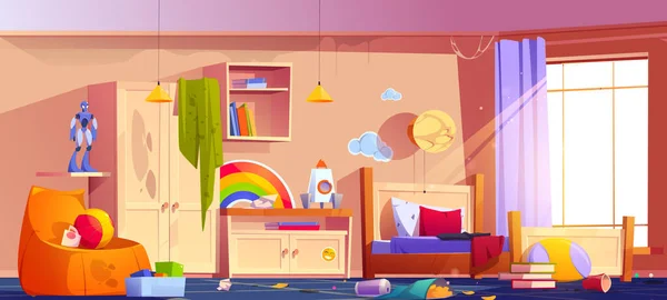 Chaotische Teenager Zimmer Mit Schmutzigen Möbeln Vektor Cartoon Illustration Eines — Stockvektor
