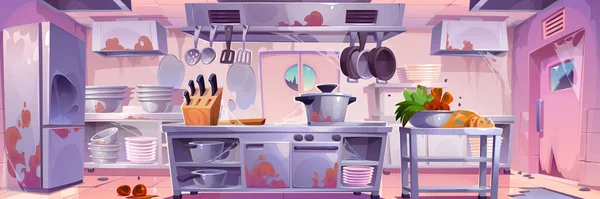Verlassene Chaotische Küche Restaurant Interieur Vektor Illustration Kommerzielle Professionelle Kochgeräte — Stockvektor