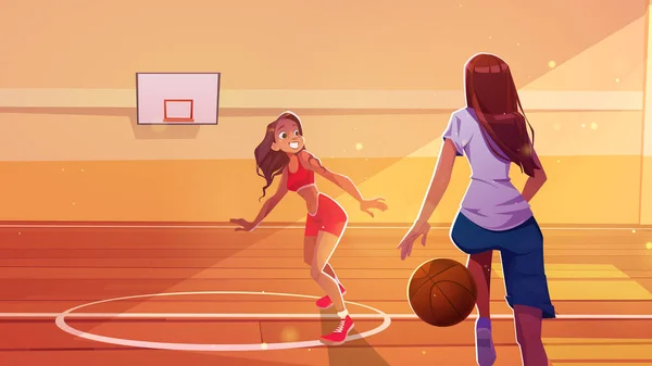 Девушка Играет Школьной Баскетбольной Площадке Зал Мультипликационного Векторного Фона Крытое — стоковый вектор