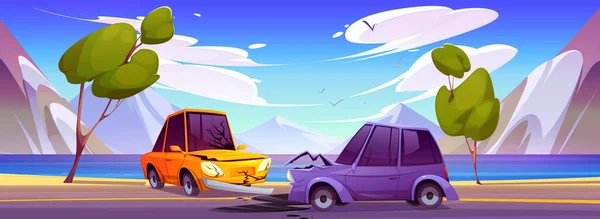 山の湖の背景に対する道路上の車の事故 バンパー衝突後高速道路に立っている2つの破壊された自動車のベクトル漫画のイラスト アスファルト上の油汚れ 交通ルール違反 — ストックベクタ