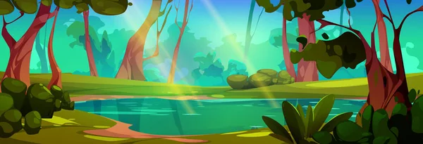 沼のあるジャングルの森 湖や池 緑の草 木や茂み ベクトル漫画のイラストと熱帯の森の夏の風景とゲームの背景 — ストックベクタ
