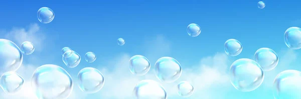 Realistische Zeepbellen Vliegen Hoog Blauwe Lucht Met Pluizige Witte Wolken — Stockvector