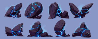Parlak çatlak setinden çıkan dumanla kaplı mavi kaya karikatürü. Büyük granit kırığı elementinde vektör neon kıvılcımı ve sis dokusu. Sert, ağır ve çatlak gizemli madde jeoloji nesne tasarımı.