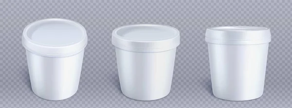 白色塑料冰淇淋桶容器模型 三维酸奶纸圆形杯矢量模型 清晰逼真的冷冻食品包装模板 为品牌不同的包装视图 孤立的慕斯管图像 — 图库矢量图片