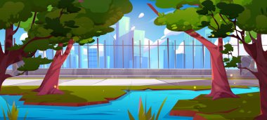 Su birikintisi ve çitlerin yakınındaki patika manzaralı Summer City Parkı. Nehir, gökdelen manzaralı ve şehir merkezine giden yolu olan bir halk bahçesi. Yeşil bahar çizgi film ortamı