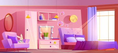 Pembe yatak odasının içi mobilya ve aksesuarlarla dolu. Makarna renginde açık renkli kız odasının vektör çizimi, büyük yatak, koltukta oyuncak tavşan, çekmecede ayna, gardırop ve kitap rafı.