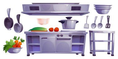 Şef, çizgi film çizimi için mutfak iç dekorasyonu ayarlandı. Ticari otel endüstrisi yemek hazırlama ve servis için modern mobilyalar. Modern temiz yemek ekipmanları izole nesneler