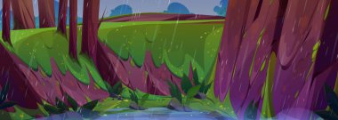 Yeşil ormanda yağmur var. Tepe vektör arka planında taş var. Park bahçesinde yüksek yaprak ağacı ve yağmurlu havada kaya dağı. Su birikintisi, doğal zemin arazisine damlıyor.