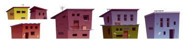 Zavallı kenar mahalle evi vektör oluşturma seti. Çizgi film karakteri Hindistan köyünün dağılmış evi beyaz arka planda izole edilmiş. Terk edilmiş kenar mahalle mimari bölge dış koleksiyonu