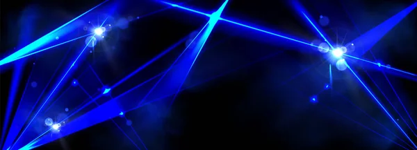 現実的な青色レーザー光は暗い背景で輝いています 煙の効果で空気中に輝くネオンスポットライト線のベクトルイラスト ナイトクラブパーティー コンサートステージ照明 宇宙戦 — ストックベクタ