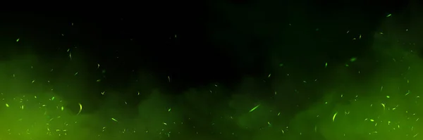 现实的绿烟 萤火虫在黑色背景上发光 带翡翠粒子闪烁 有毒物质在空气中扩散 巫术法术效果的抽象雾矢量图解 — 图库矢量图片